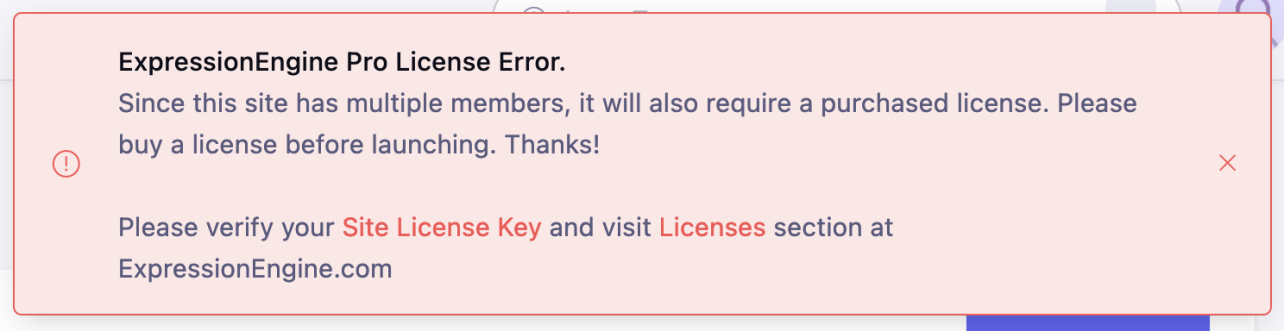 Screenshot showing a Pro License error message in EE after you add a user without a Pro license.