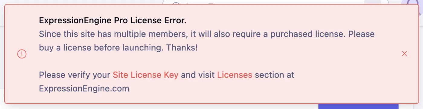 Screenshot showing a Pro License error message in EE after you add a user without a Pro license.