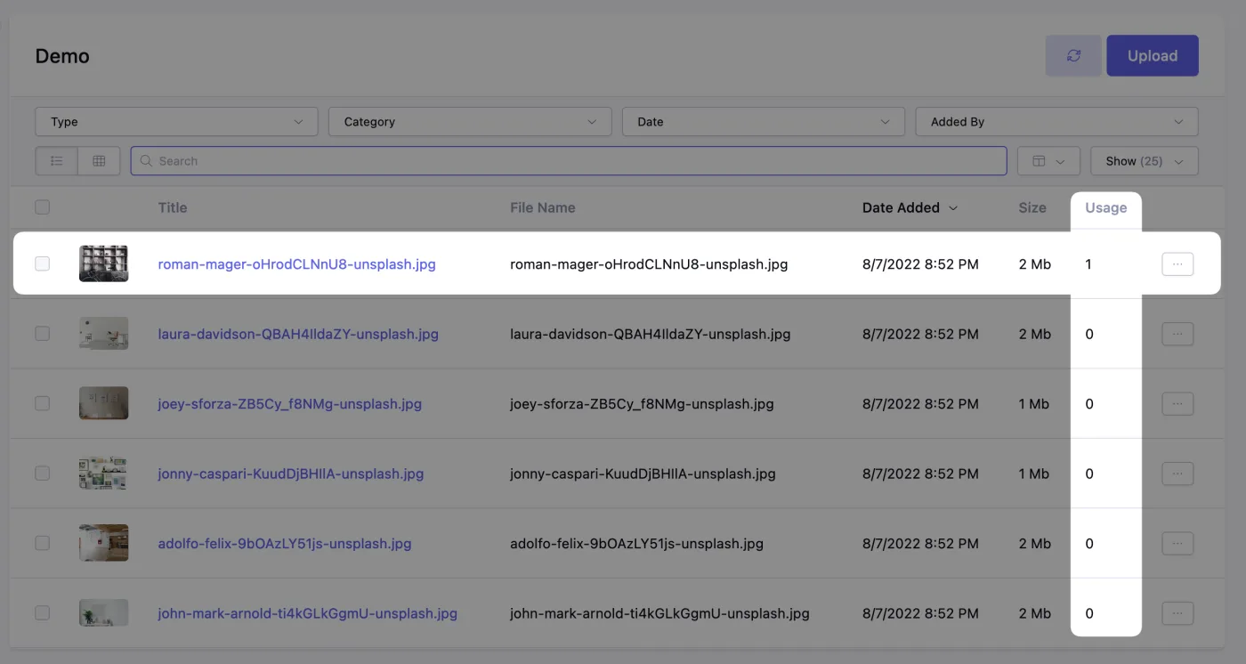 A screenshot of the EE file manager highlighting the new Usage column.