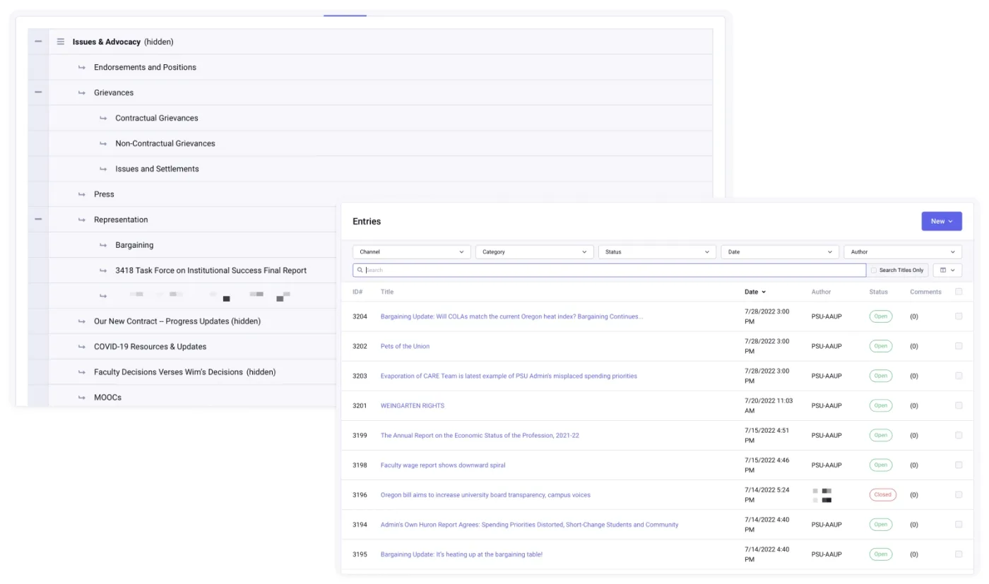 Side-by-side comparison of Structure and the flat Entries view in EE.