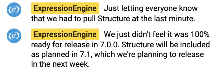 Screenshot of comments regarding Structure being ready for release in EE 7.1.