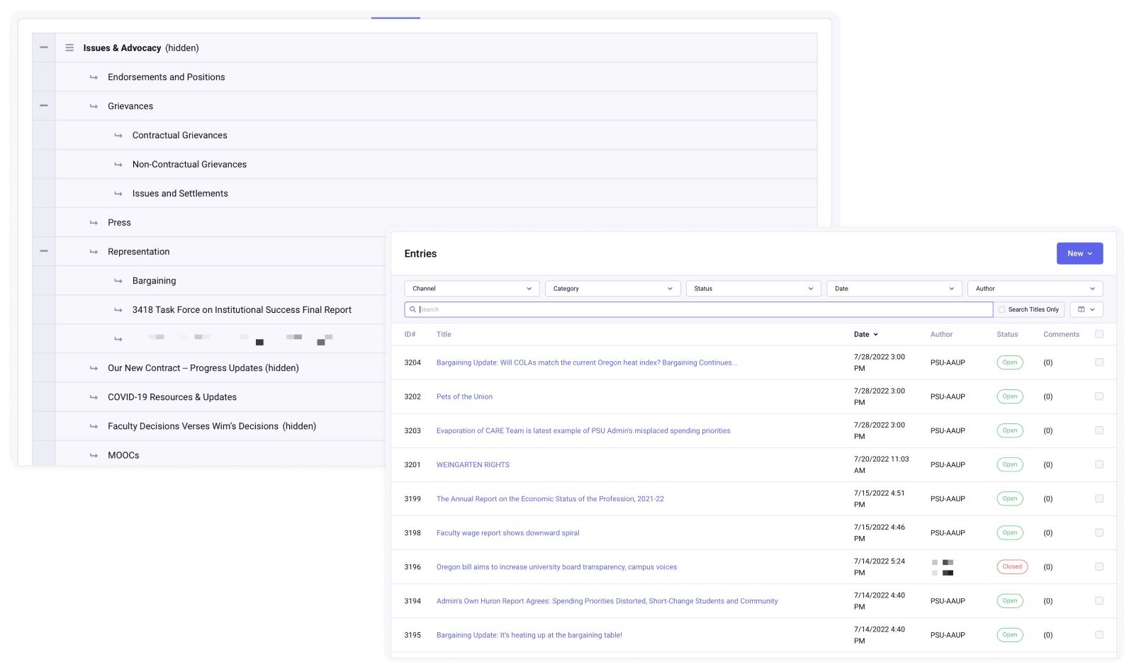 Side-by-side comparison of Structure and the flat Entries view in EE.