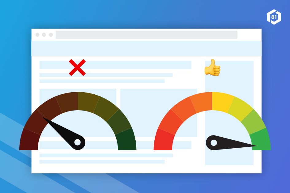Website performance comparison showing slow loading site with red X and fast loading site with thumbs up, displayed as speedometer gauges