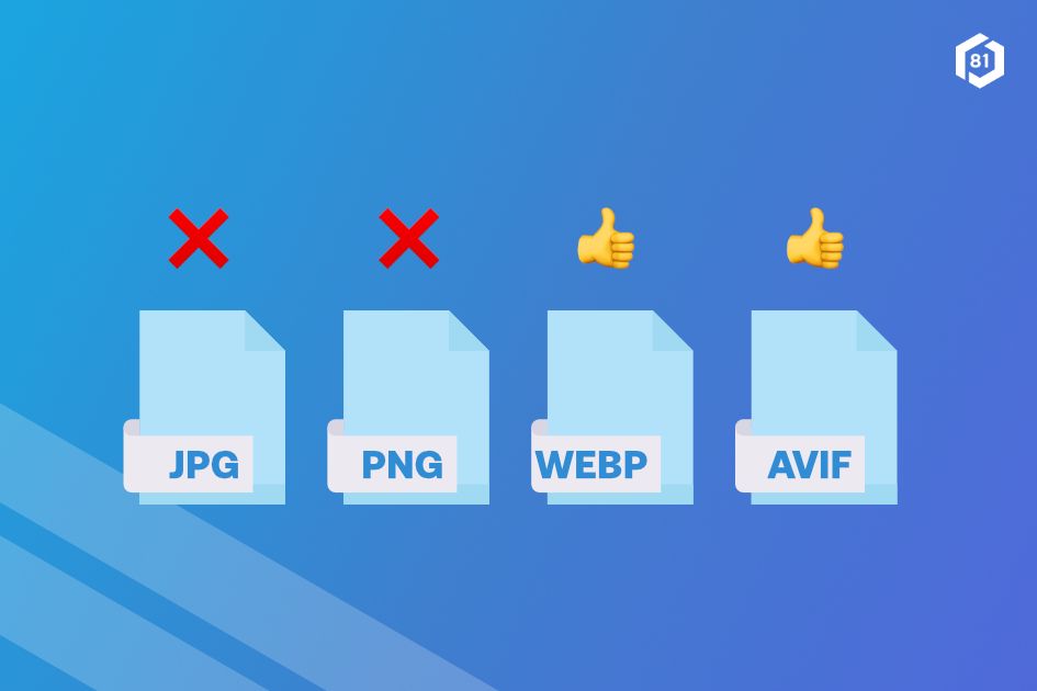 Image format comparison showing outdated JPG and PNG files with red X versus modern WebP and AVIF formats with thumbs up