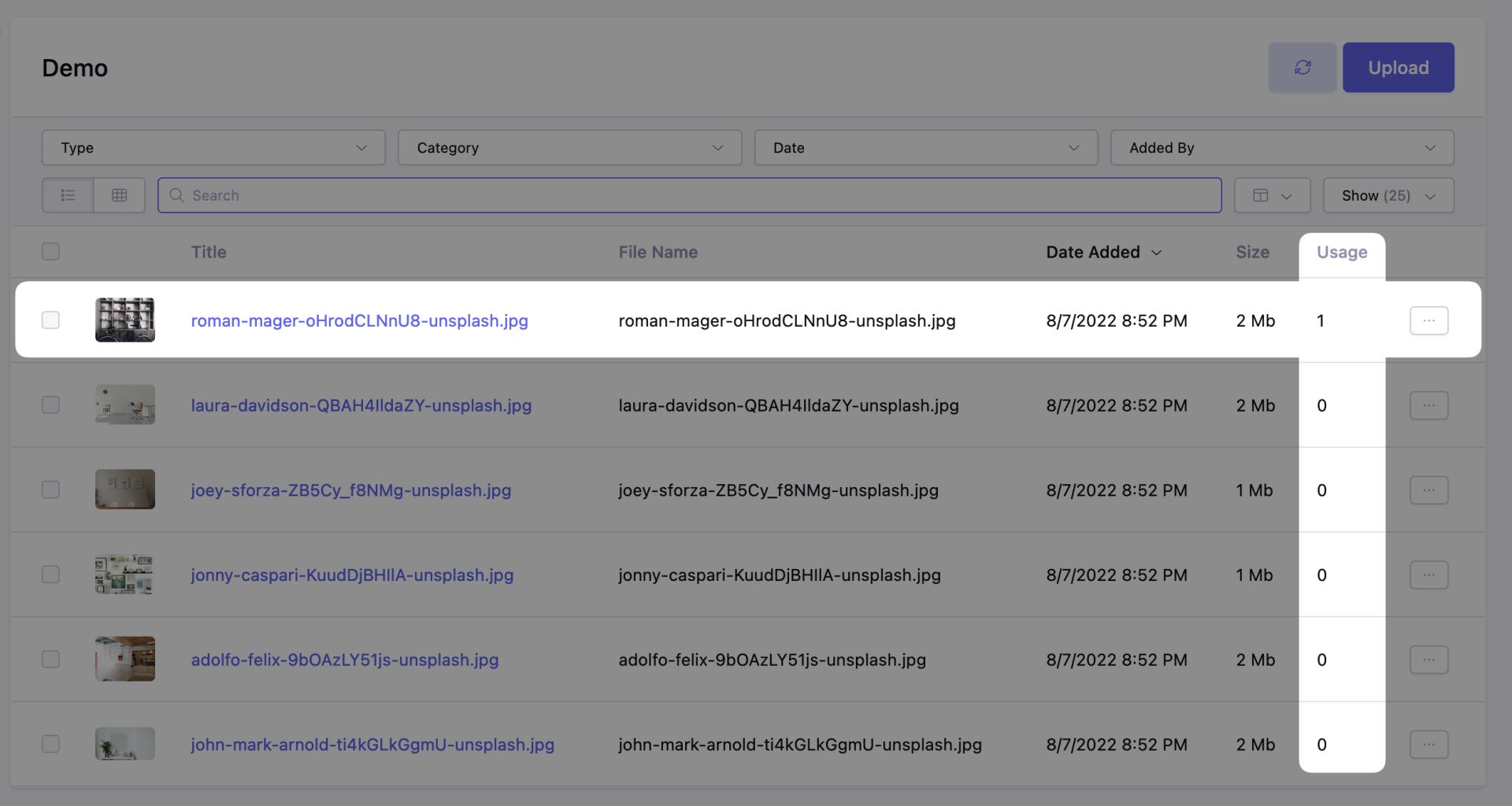A screenshot of the EE file manager highlighting the new Usage column.